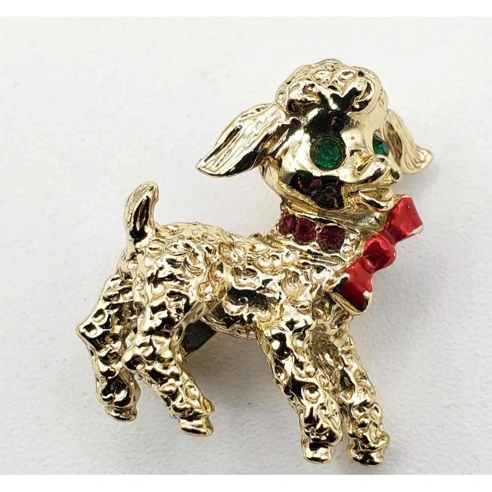 Vintage Textured Gold Tone Green Eye Red Bow Lamb Brooch Pin